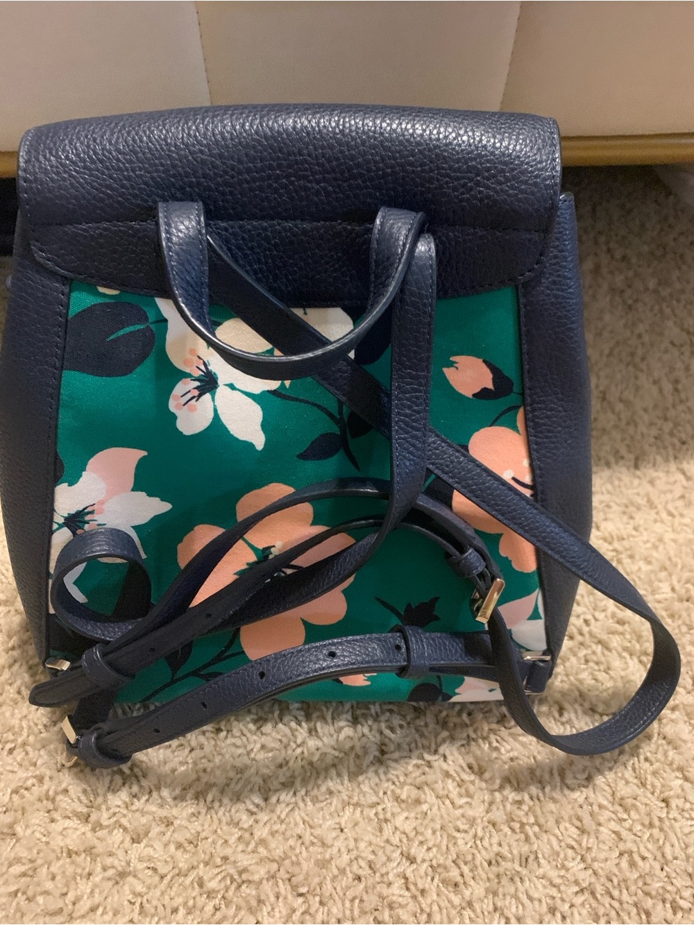 Kate Spade floral leather backpack in navy, teal & peach - Picture 2 of 7